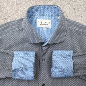 Ted Baker Endurance Shirt Men 15.5, 34/35 Gray/Blue Flip Cuff Cotton Long Sleeve